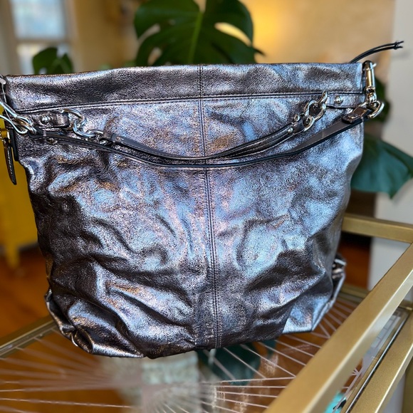 Coach Large Vintage Metallic Gunmetal Purse / Shoulder Bag - Satin - Chainlinks - Picture 5 of 7